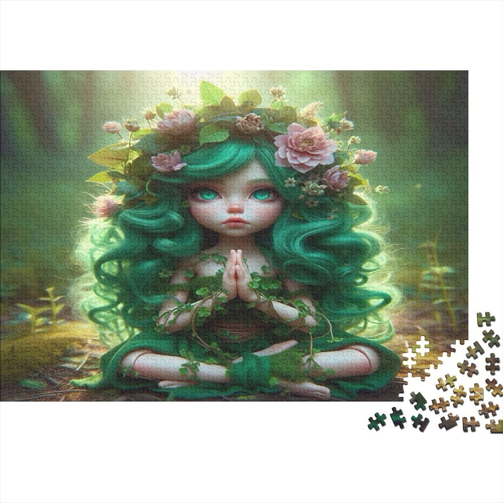Forest Fairy 1000Pc Jigsaw Unique Recycled Cardboard Green Hair Fairy Relaxing Family Activity for Adults And Kids 14+ 70x50cm/1000pcs — image 1