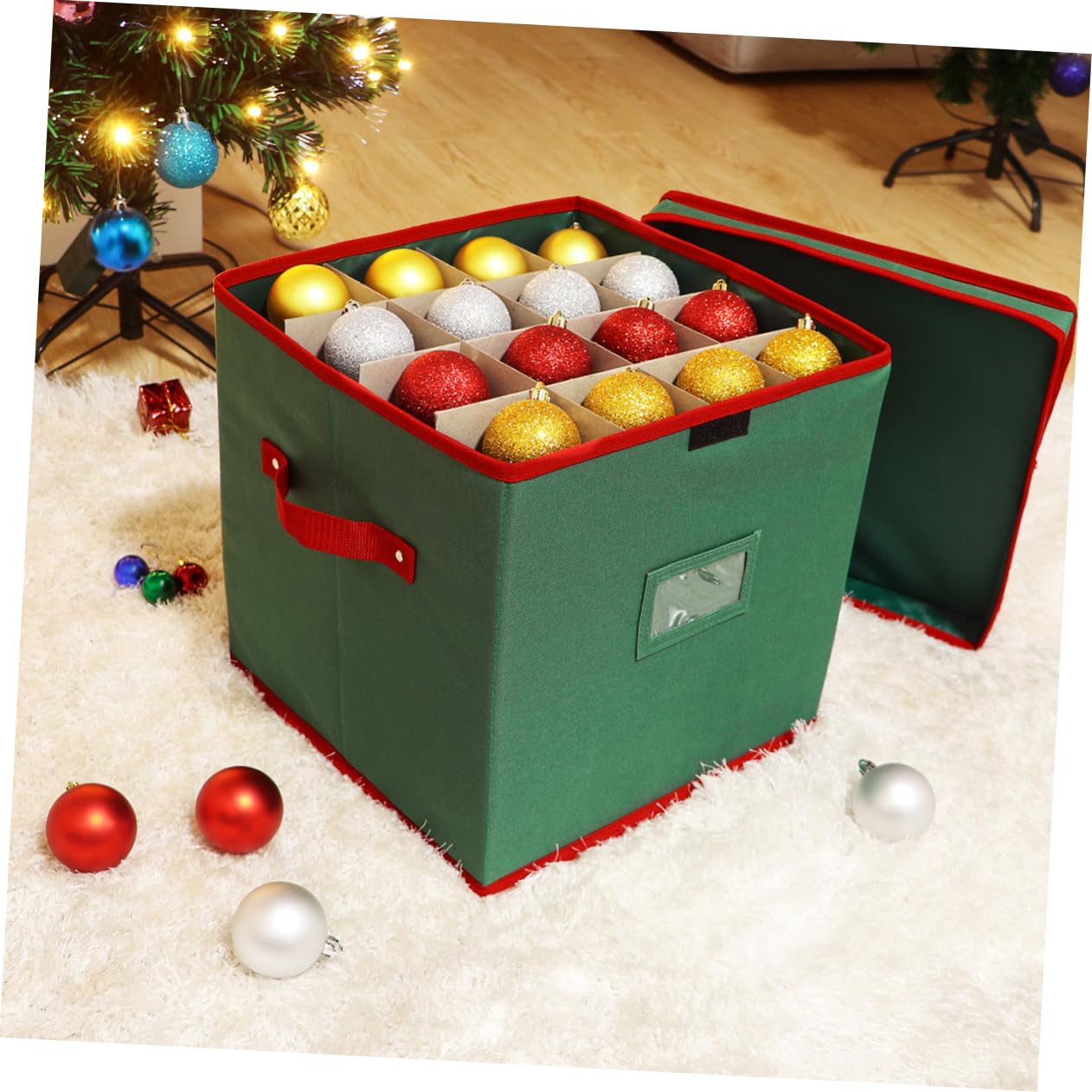 Contenitore per Palline di Natale, 600D Oxford Scatola per Decorazioni Natalizie, Natale Scatole con 4 Divisori Vassoi, Porta Palline per Ornamenti
