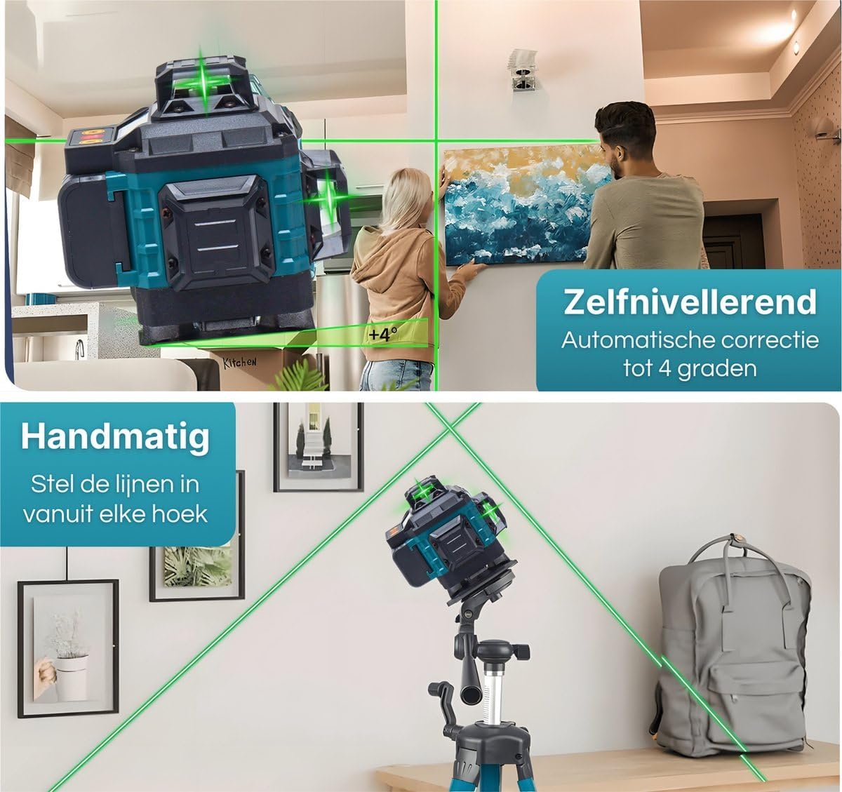 Illustrations of the Five Stars 4D Cross Line Laser Level in self-leveling mode (automatic correction up to 4 degrees) and manual mode for angled line projection.