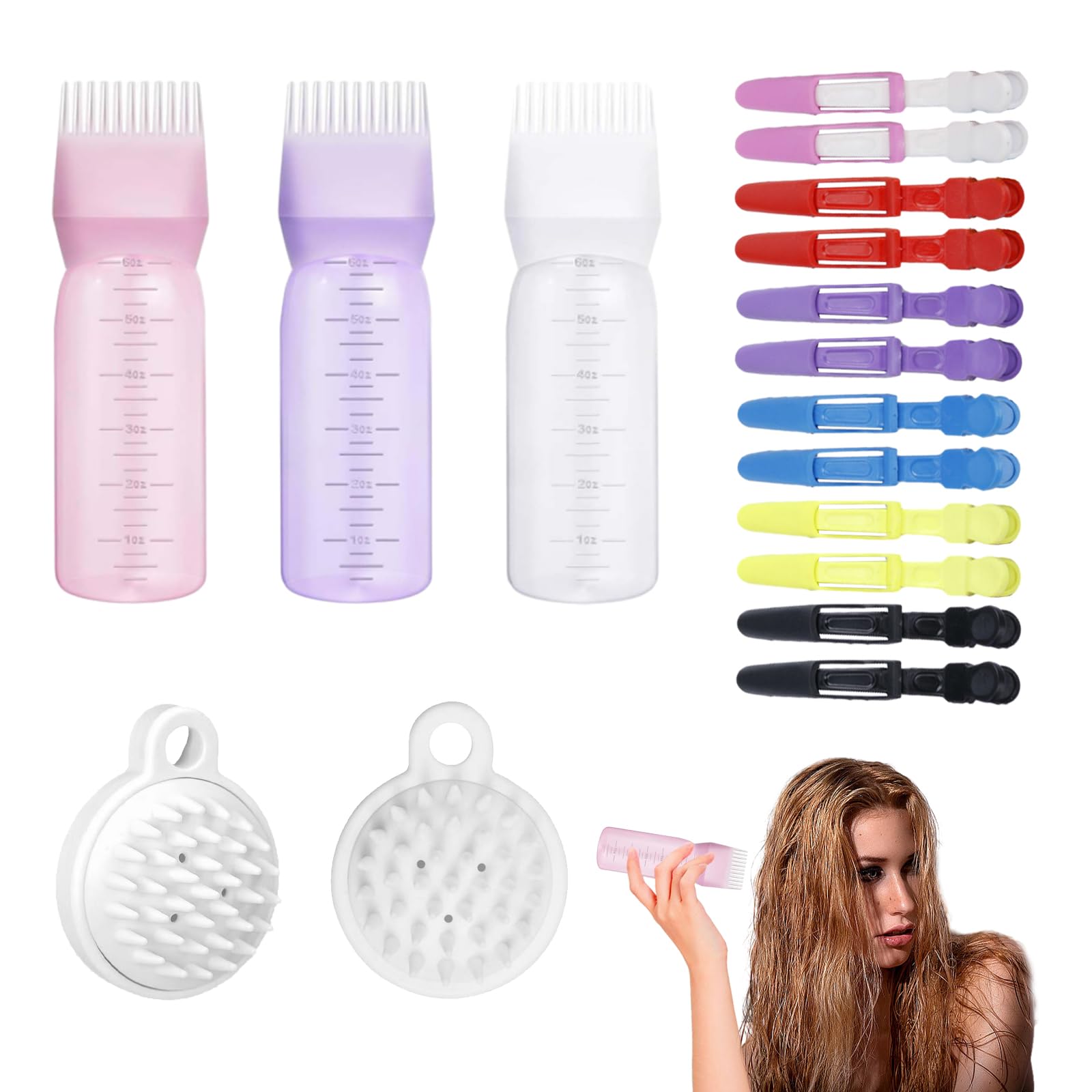17 Pcs Scalp Massager Shampoo Brush Set, Professional Pink Purple White Hair Oil Applicator Bottle for Women, Alligator Hair Clips, for Salon Dry Cleaning, Home, Dyeing and Perming