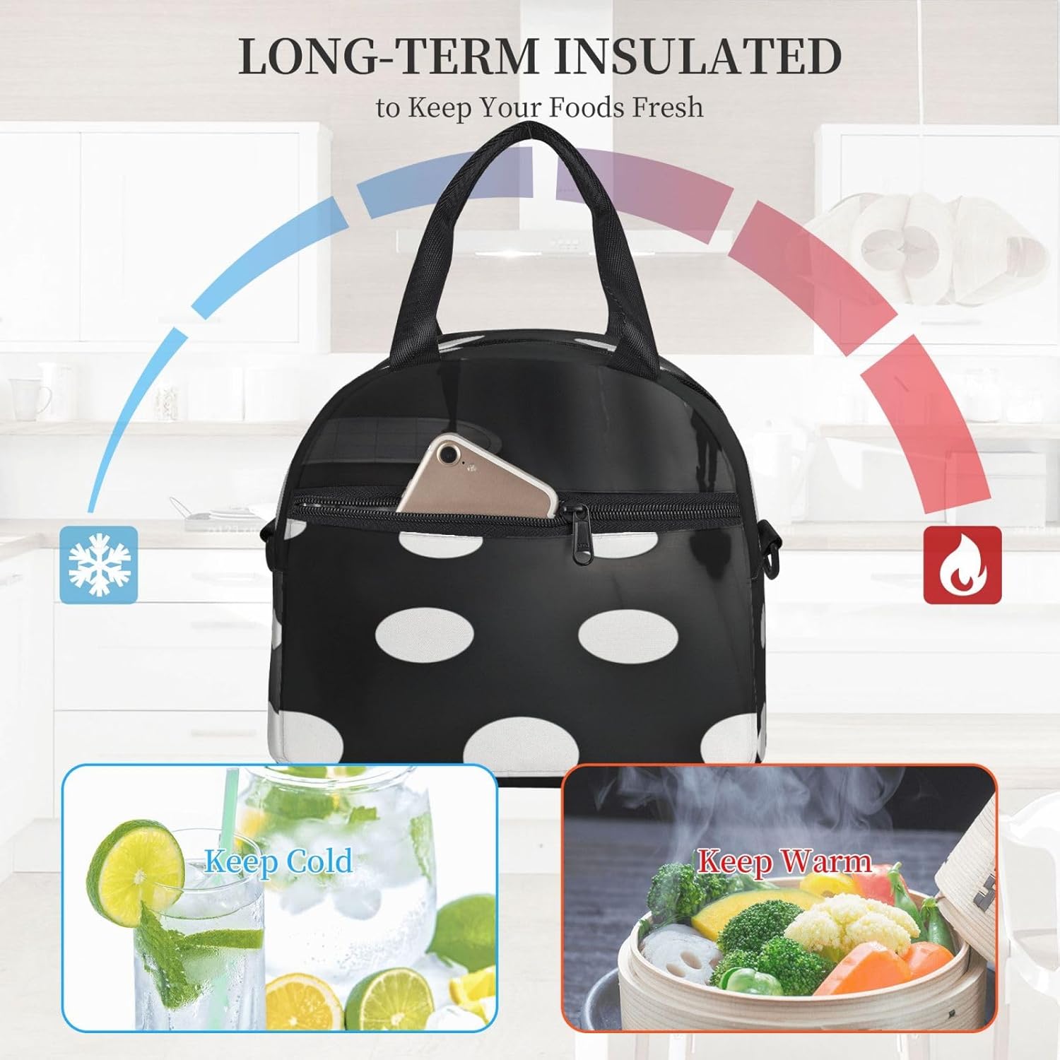 Black White Print Reusable Lunch Bag Insulated Lunch Boxes for Office Work Picnic Tote Bag Adjustable