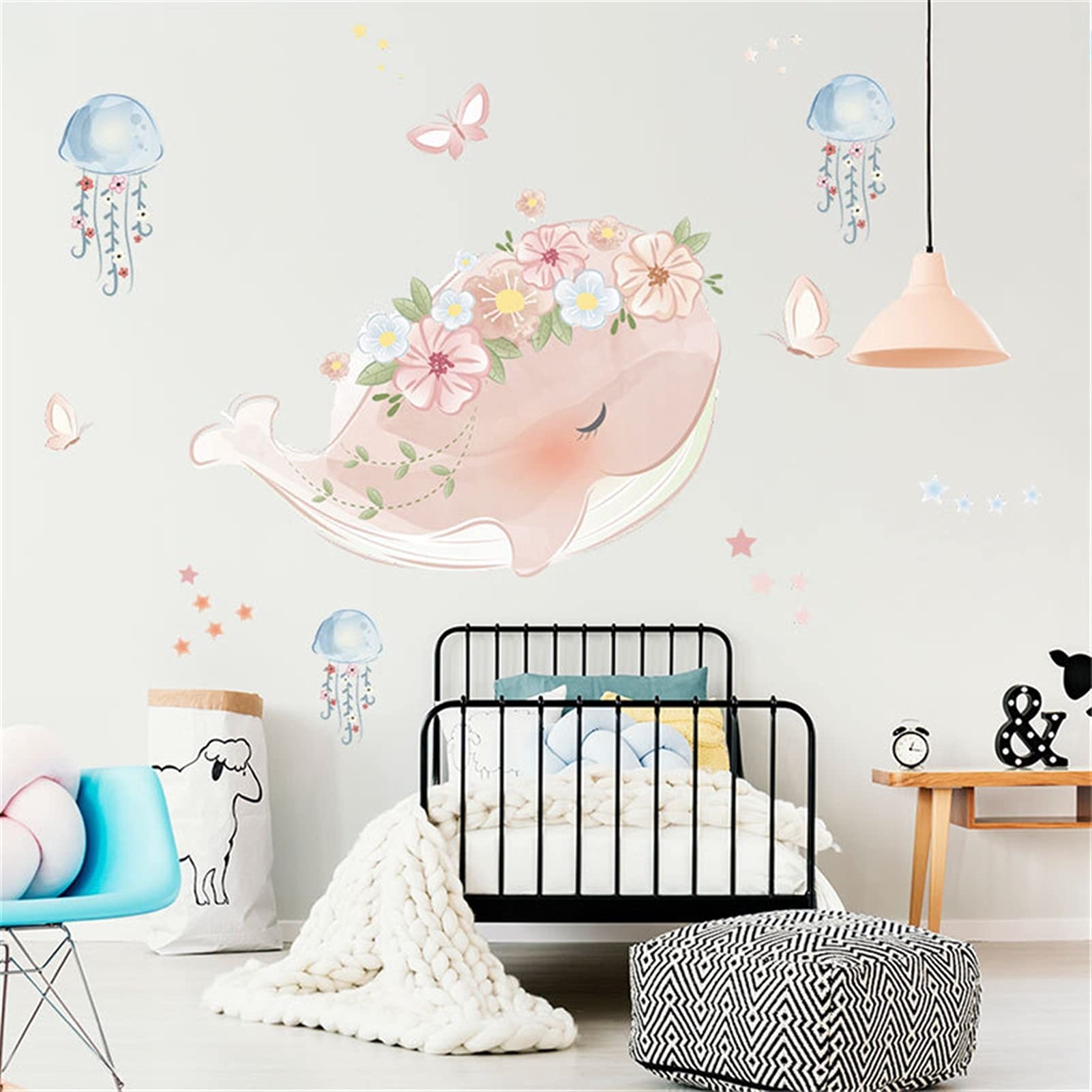 caihuashopping Różowy wieniec wieloryb meduza naklejka ścienna do pokoju dziecięcego dekoracja przedszkola tapeta odklej i przyklej winyl dziecko DIY kalkomania mural