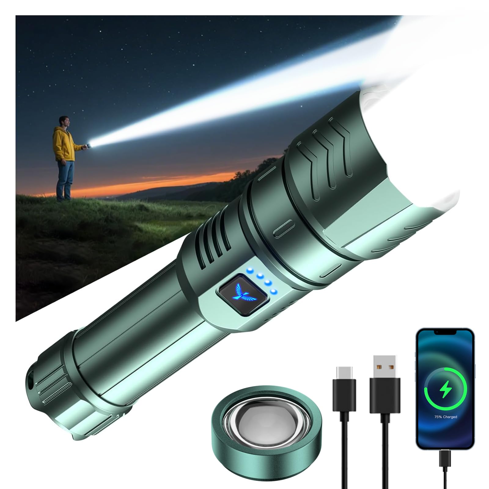 SKYFIRE Lampes de poche LED haute luminosité avec lentille d'allumage, lampe de poche rechargeable super lumineuse, zoomable, quatre modes, lampe torche tactique étanche pour le camping, l'extérieur