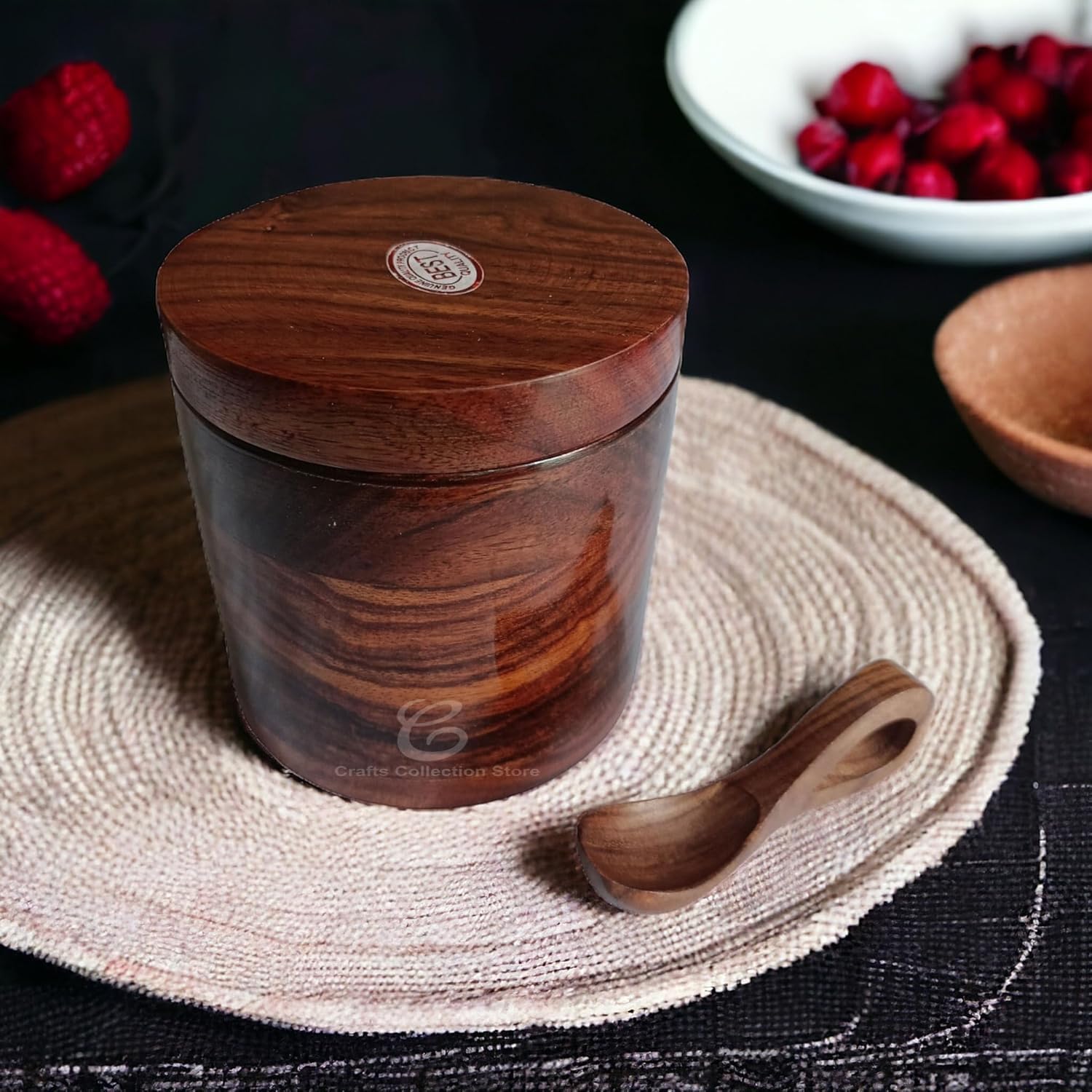 Crafts Collection Store Wooden Salt Box with Lid and Spoon, Brown, Sheesham Wood, Round, 400 ML