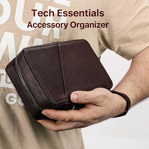 Miniatura 3 de CataPurus Kit técnico de estuche organizador electrónico, cuero de grano superior hecho a mano, portátil compacto de viaje, accesorios electrónicos