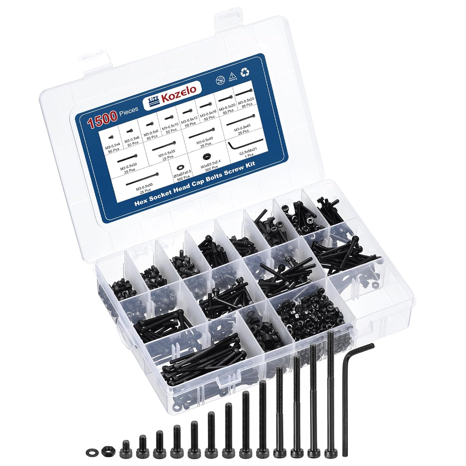 1500pcs Socket Head Cap Screws Bolt Nuts Assortment Kit - [M3x4/6/8/10/12/16/20/25/30/35/40/45/50mm] Alloy Steel Black Oxide 12.9 Internal Hex Screw for 3D Printer Use, with Wrench