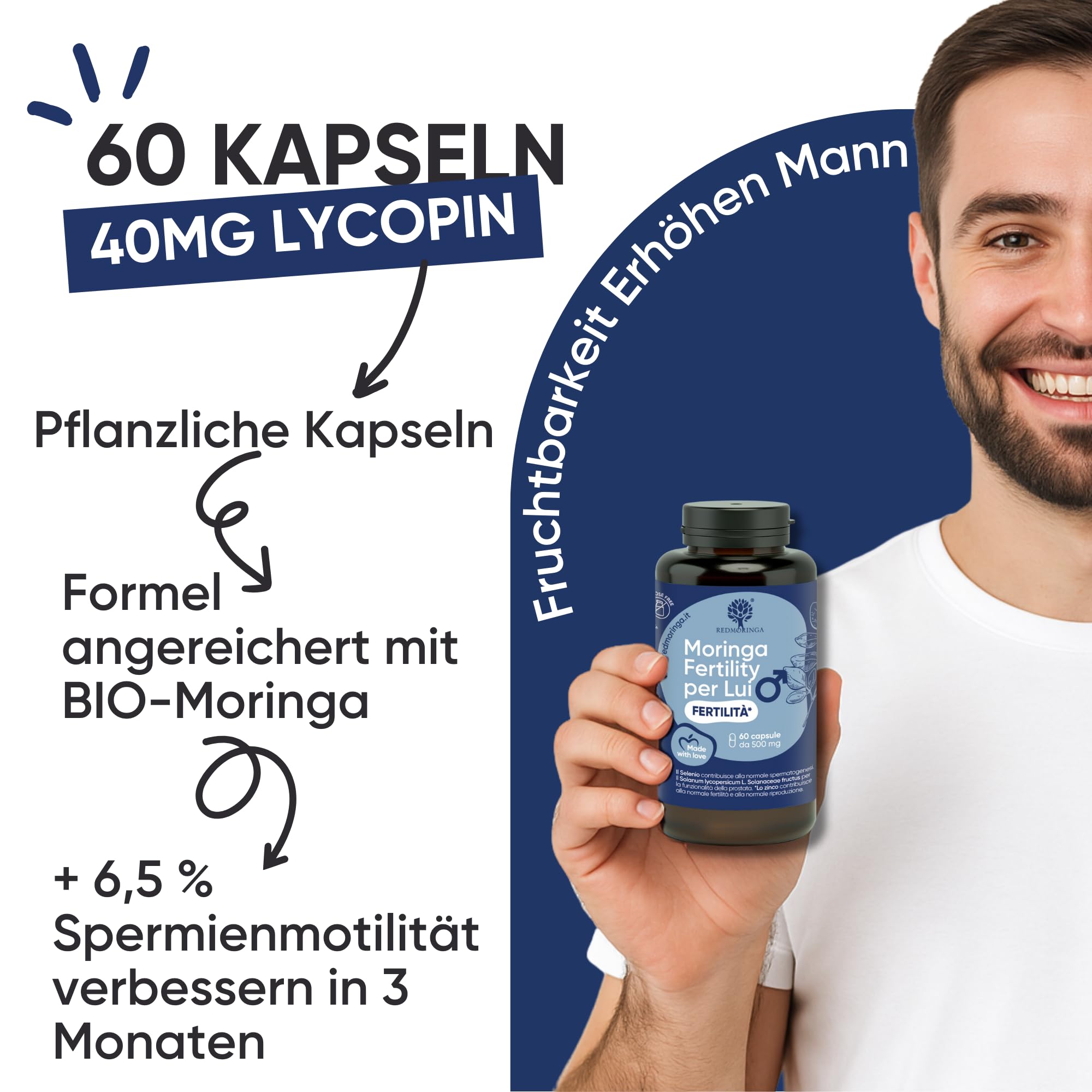 Kinderwunsch Mann Formel 180 Kapseln - Spermienqualität Verbessern mit Bio Moring, Coenzym Q10, L-Carnitin, L-Arginin, Zink, Selen - Made in Italy
