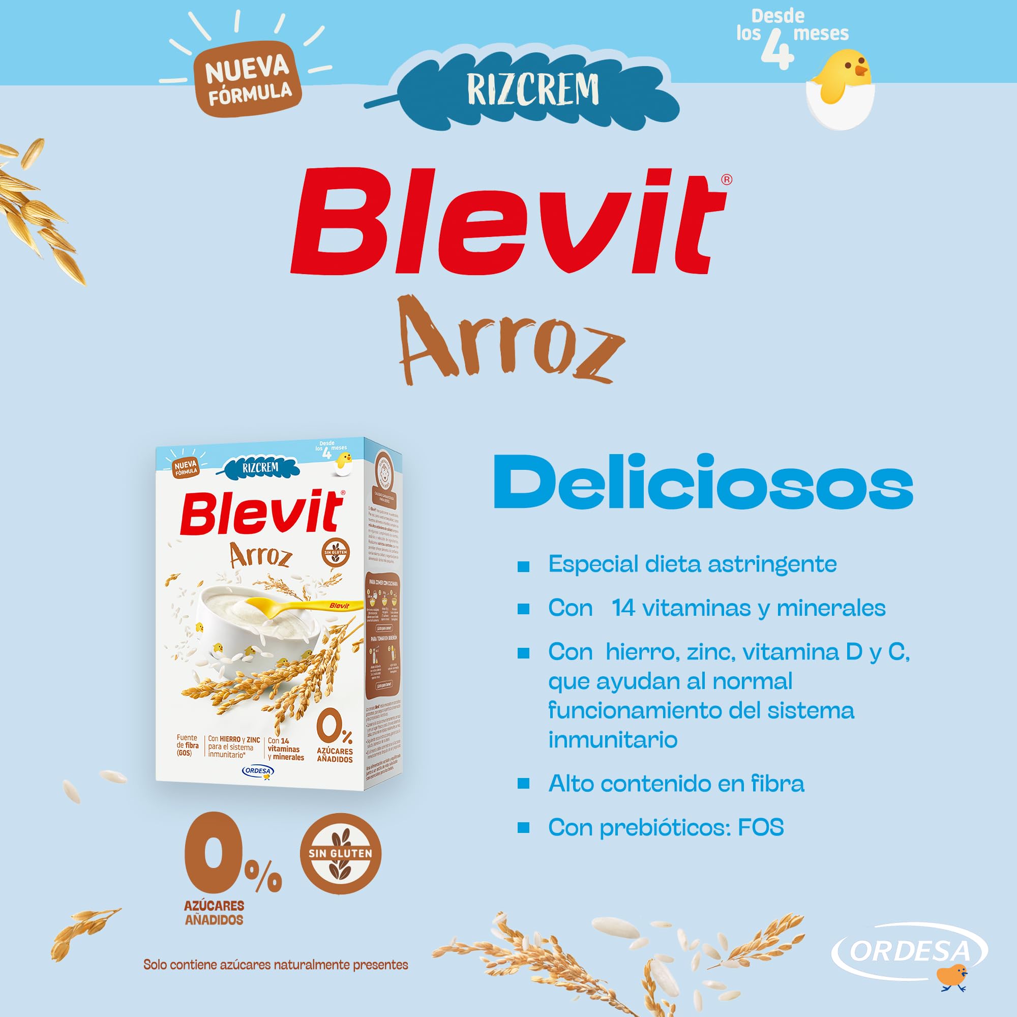 Blevit Rizcrem Arroz | 225 g | Papilla de Cereales para Bebé desde los 4 Meses con Crema de Arroz - Sin Gluten y Sin Azúcares Añadidos - Facilita la digestión