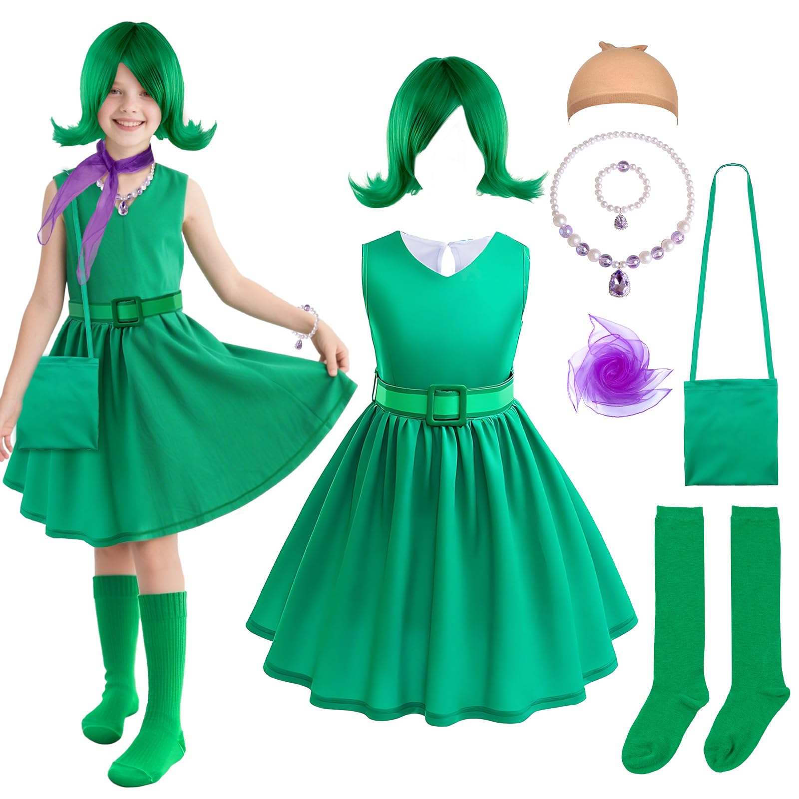 AENEY 9PCS Kids Girls Disgust Inside out Costume, Green Princess Dress with Wig Scarf Necklace Stocking