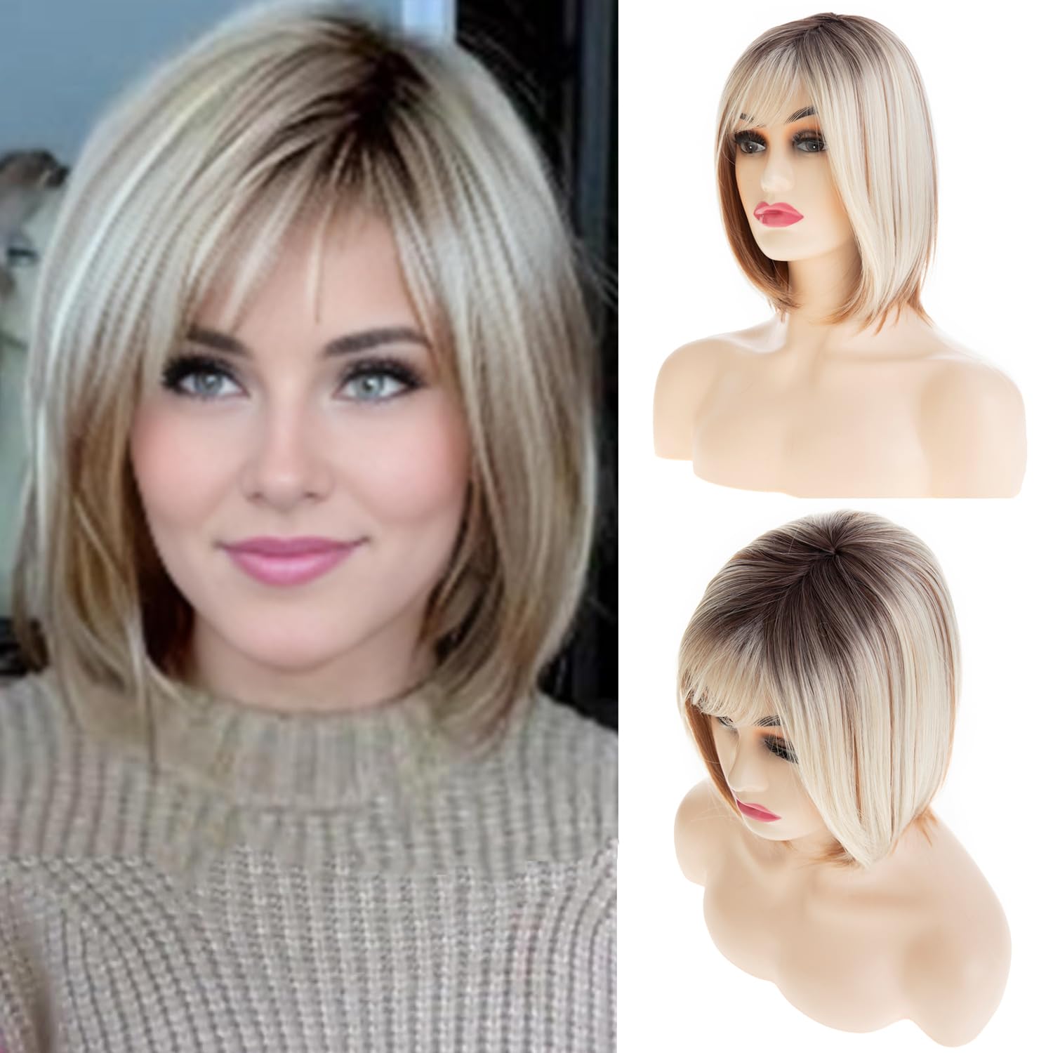 Baruisi Highlight Blonde Bob Wig with Bangs Short Straight Synthetic Dark Roots Women Wig Daily Party Use brown&blonde