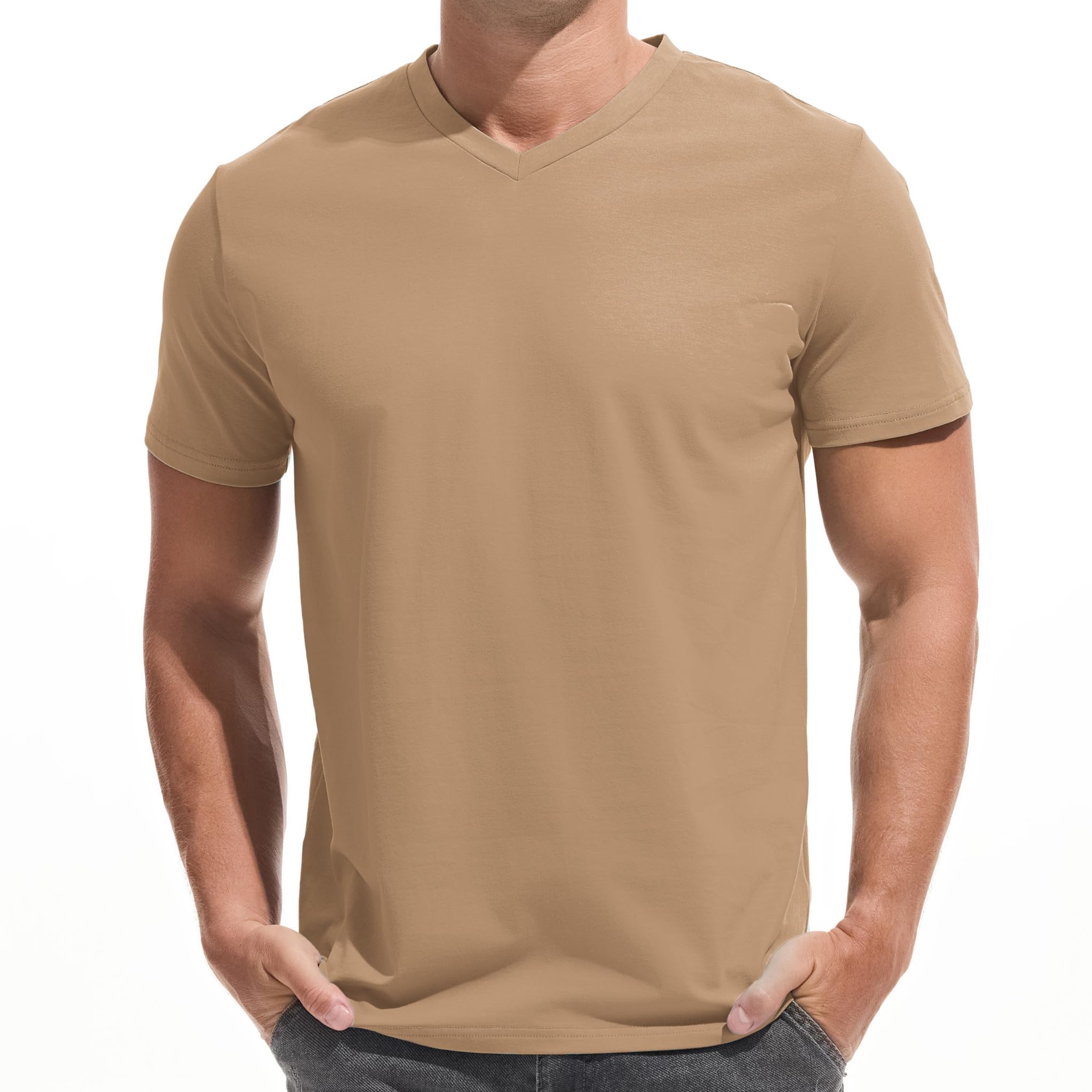VEIISAR Herren V-Ausschnitt T-Shirt, 190g/m², Regular Fit, einfarbig, Stretch Material, weiches Basic Shirt