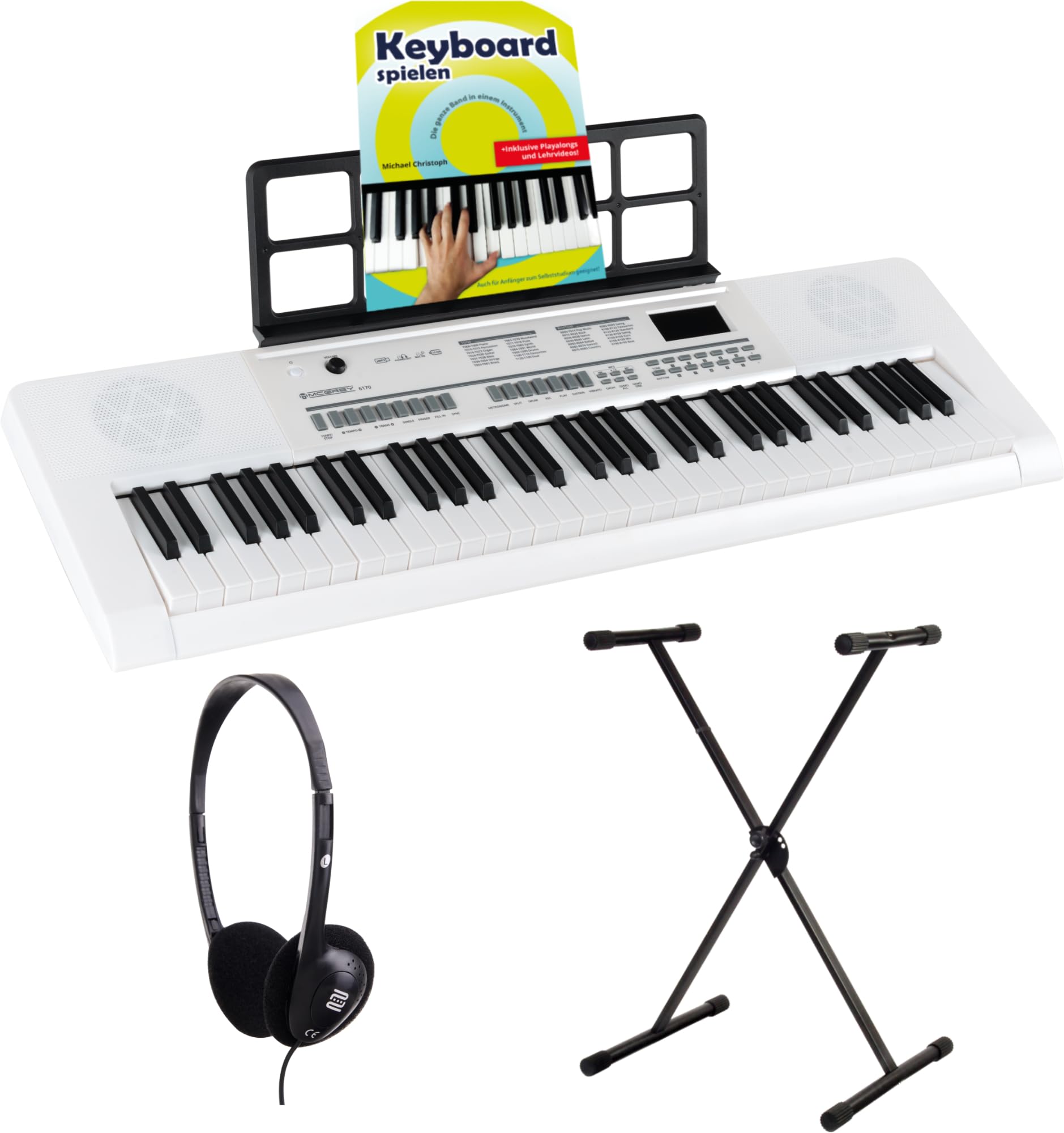 McGrey 6170 WH Akku-Keyboard Weiß - 61 Tasten-Keyboard mit integriertem Akku - 200 Klänge und Rhythmen - Eingebauter MP3-Player - Set inkl. X-Keyboardständer, Kopfhörer & Keyboardschule