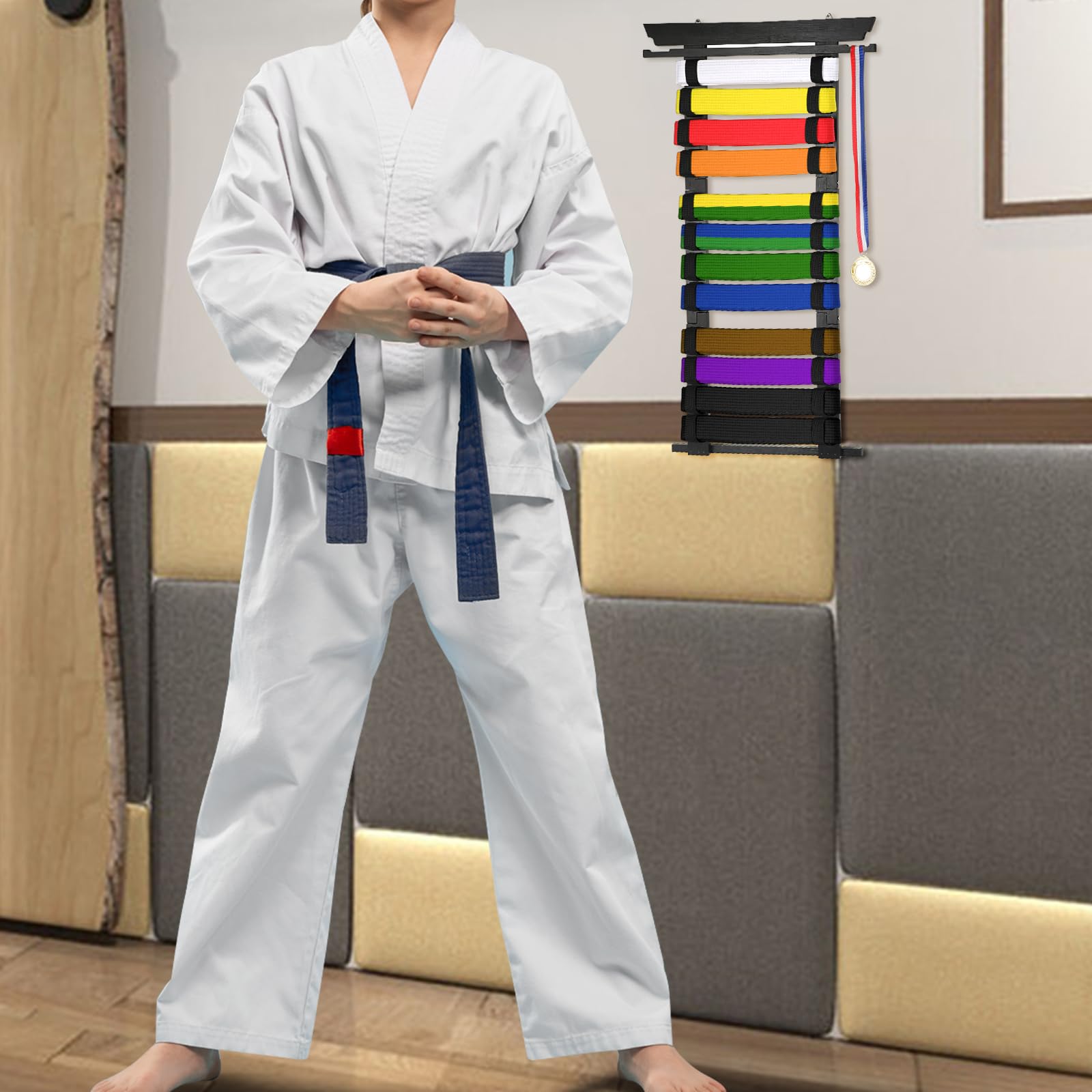 SUMNACON Supporto da cintura per arti marziali per 12 cinture in bambù rimovibile Taekwondo, supporto per cintura a parete per medaile Judo, cintura karatatatra, cintura Ninjitsu come regalo