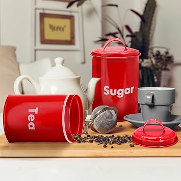 Plexon Bread Box for Kitchen Countertop, Bread Container with Coffee, Tea, Sugar Canisters, Metal 4-Piece Bread Box Set with Lids, Red