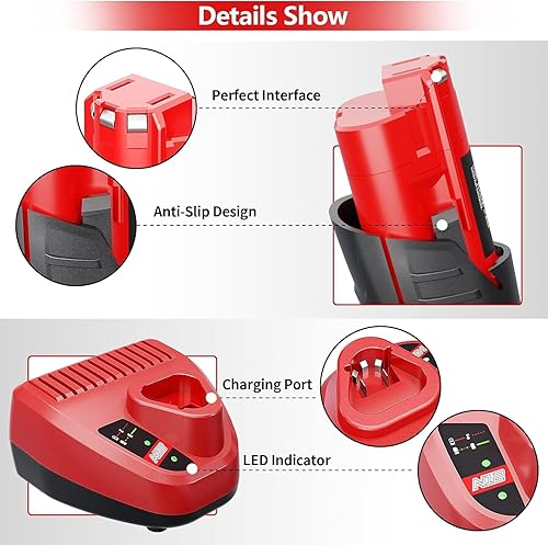 Miniatura 4 de Paquete de 2 baterías de repuesto para Milwaukee M12 y cargador compatibles con Milwaukee 12v 3.0Ah batería 48-11-2401 48-11-2402 48-11-2420