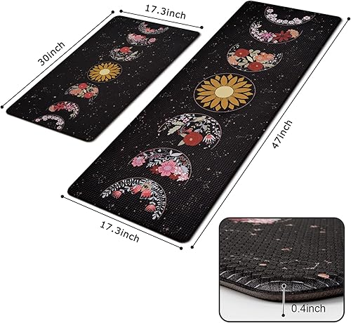 Miniatura 6 de Yinhua Tapetes de cocina de primavera, 2 piezas, diseño de flores de fase lunar para piso, antifatiga, tapetes de cocina acolchados florales, tapete