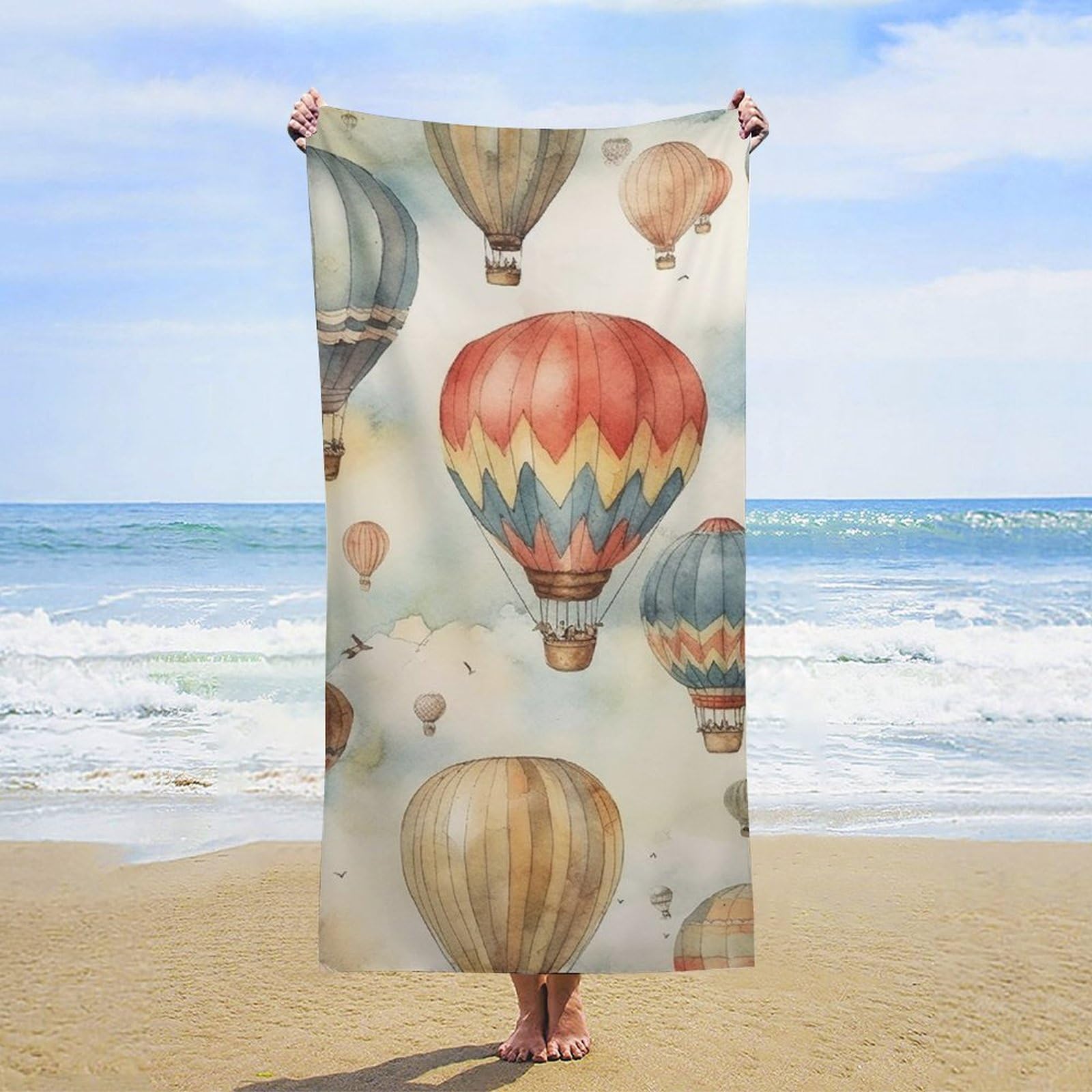 NTVOWPZO Watercolor Hot Air Balloon Beach Towel Oversized Microfiber Bath Towels Lightweight Sand Proof Beach Towels Absorbent Pool Towels for Swimming Yoga Bathroom Towel 31.5" X 63"