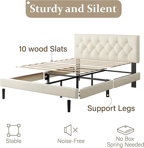 Miniatura 4 de Marco de cama de tamaño matrimonial con estructura de plataforma y cabecera tapizada, diseño con botones, listones de madera resistentes, no