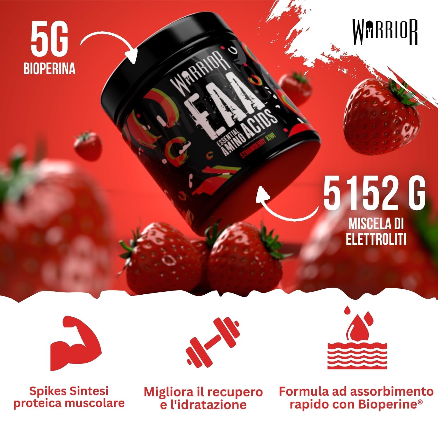 Warrior EAA Aminoacidi in Polvere 360 g – 9 Aminoacidi Essenziali per Recupero e Supporto Muscolare, Integratore Intra-Allenamento (Fragola e Kiwi)