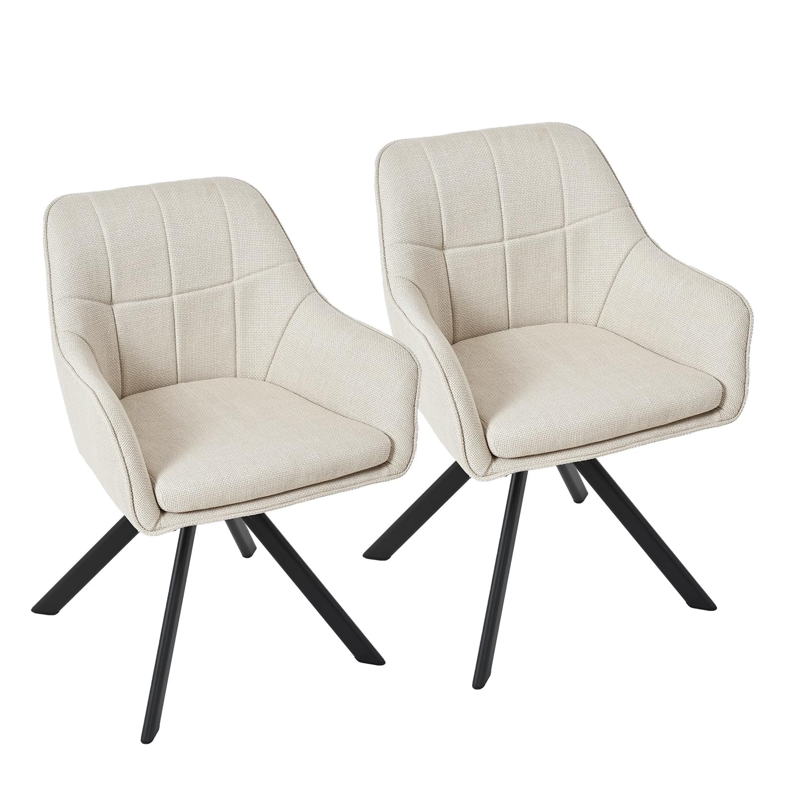 Goeurvant 360° Swivel Dining Chairs Set of 2, Beige Linen Armchairs, Ergonomic Designed Chairs with Armrests and Metal Legs for Apartment, Dining Room, Kitchen, Study, Vanity, Office
