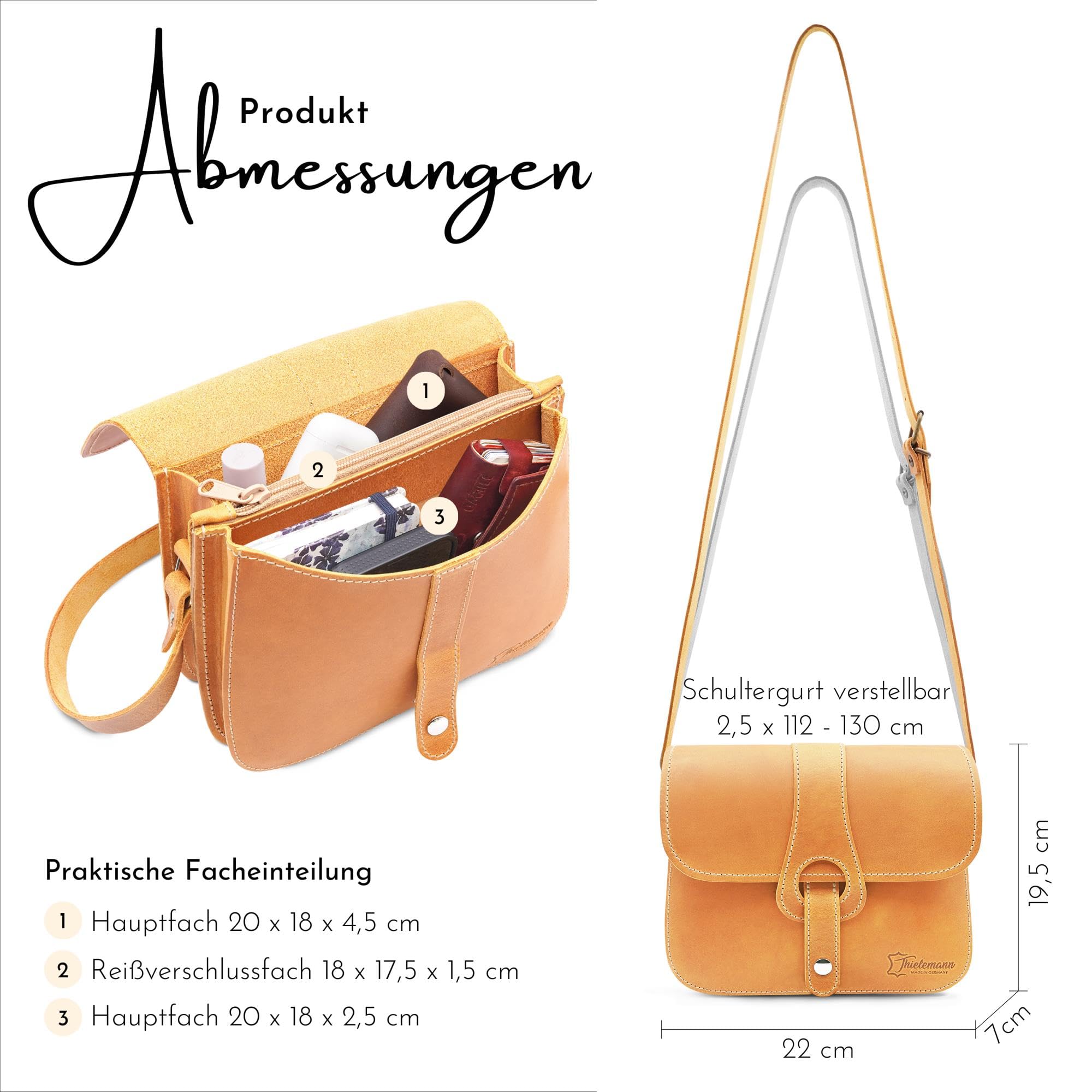 Thielemann Handtasche Damen Kapstadt Made in Germany, aus extra starkem Leder Tasche zum Umhängen, Crossbody Bag Frauen, Umhängetasche Vintage