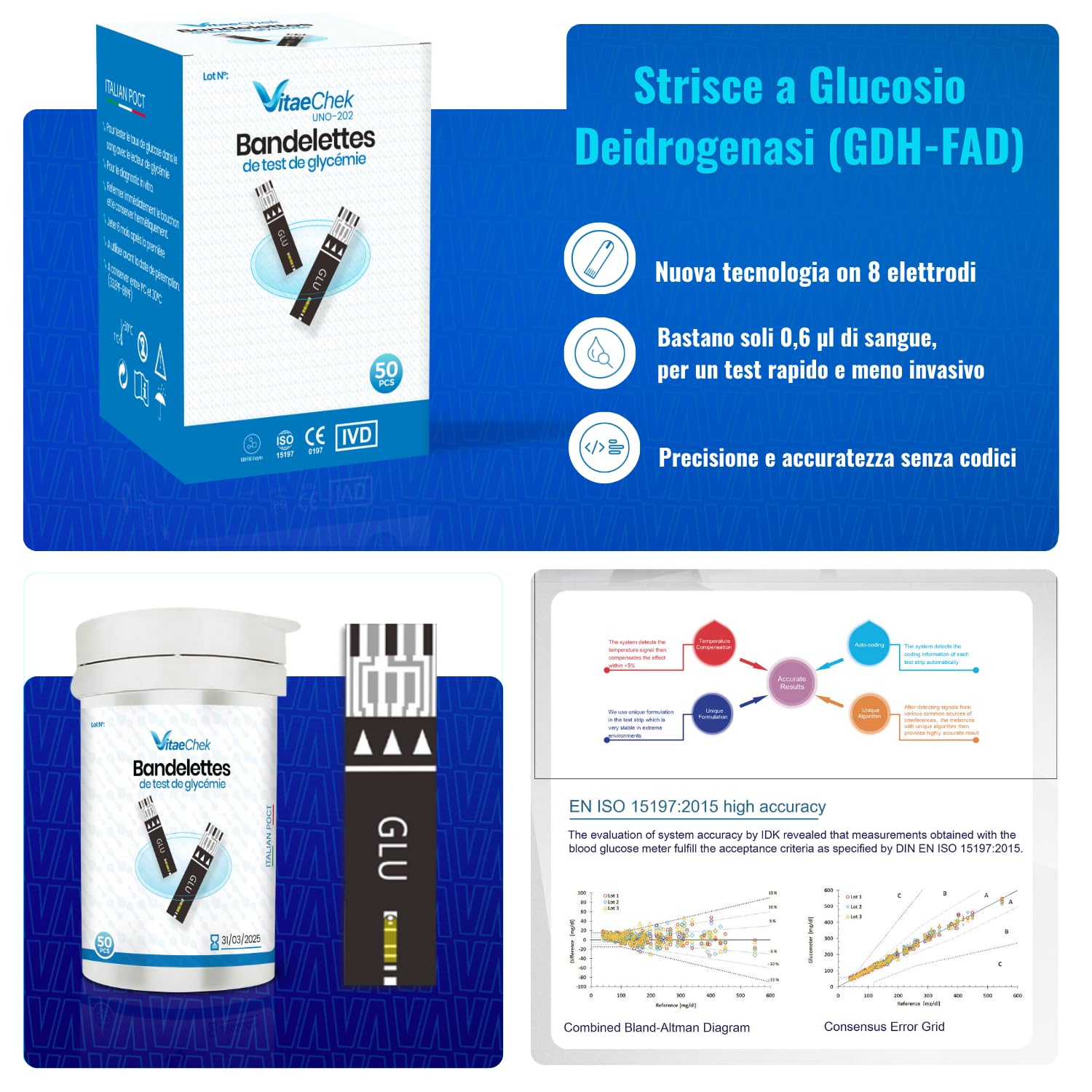 G1 Pro misuratore glicemia bluetooth, Glucometro con 50 strisce GDH-FAD e 50 lancette, misura glicemia rapida e precisa, facile da usare, ideale per diabete tipo 1, 2 e gestazionale, mg/dL