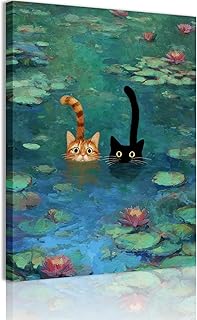 Lienzo divertido de gato para pared, pintura impresionista, pintura de lirio de agua, decoración de pared, moderno, lindo amante de los animales, póster impreso para dormitorio, sala de estar, baño