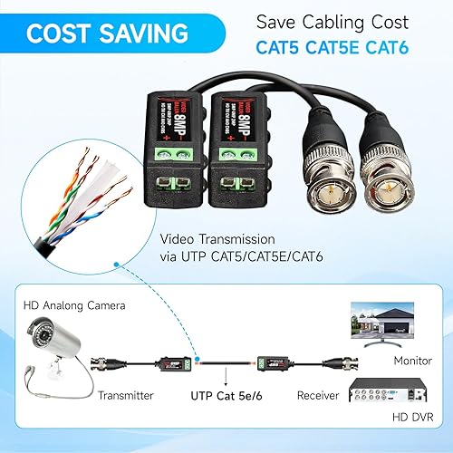 Miniatura 5 de 4 pares de conectores de balun de video pasivo 4K 8MP HD, CCTV BNC pasivo de video balun transceptor para BNC macho a través de un transmisor de par