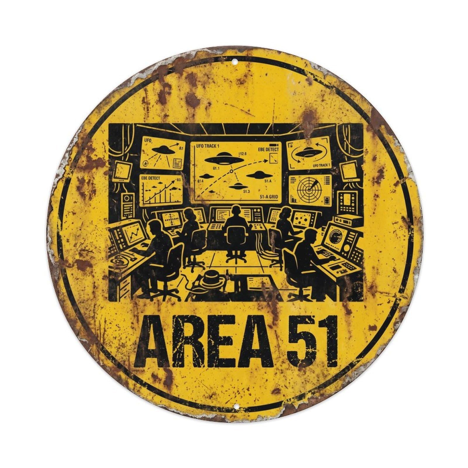 Vintage Alien Area 51 Command Center Metal Tin Sign Plaque Wall Decor for Cafe, Club, Garden Round Metal Poster 8x8Inch