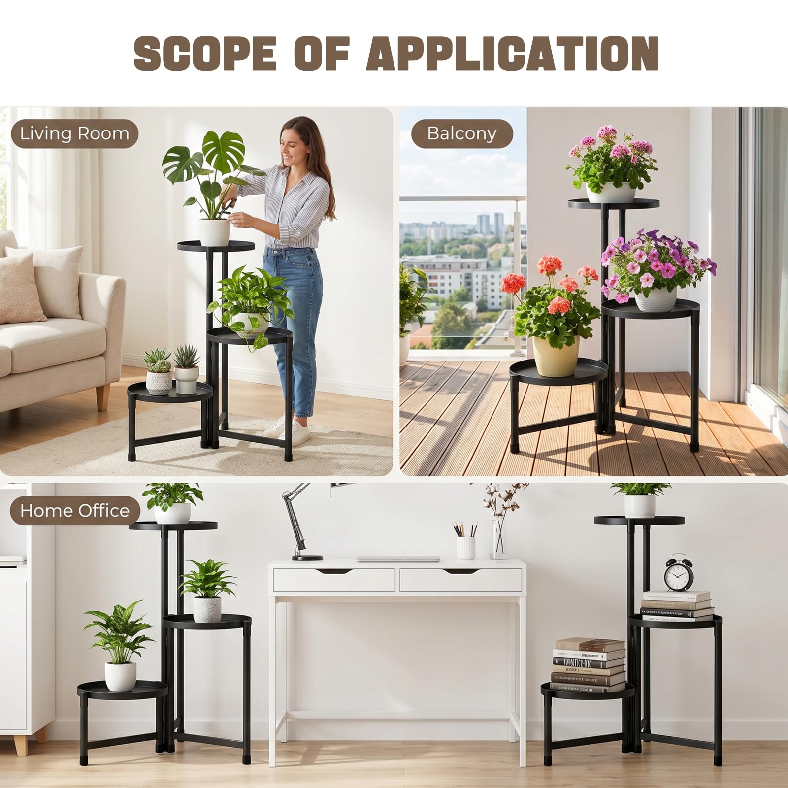 Soporte de metal para plantas de 3 niveles, soporte para flores, soporte de metal negro, soporte para plantas de interior con varios estantes, mesa para plantas de interior y exterior, jardín