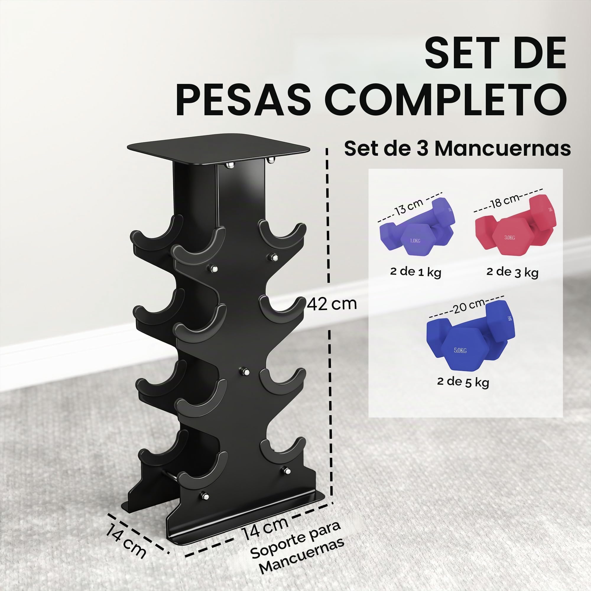 SPORTNOW Juego de mancuernas de 3 pares con bastidor de almacenamiento, mango antideslizante, juego de mancuernas hexagonal de 1-5 kg para gimnasio en casa