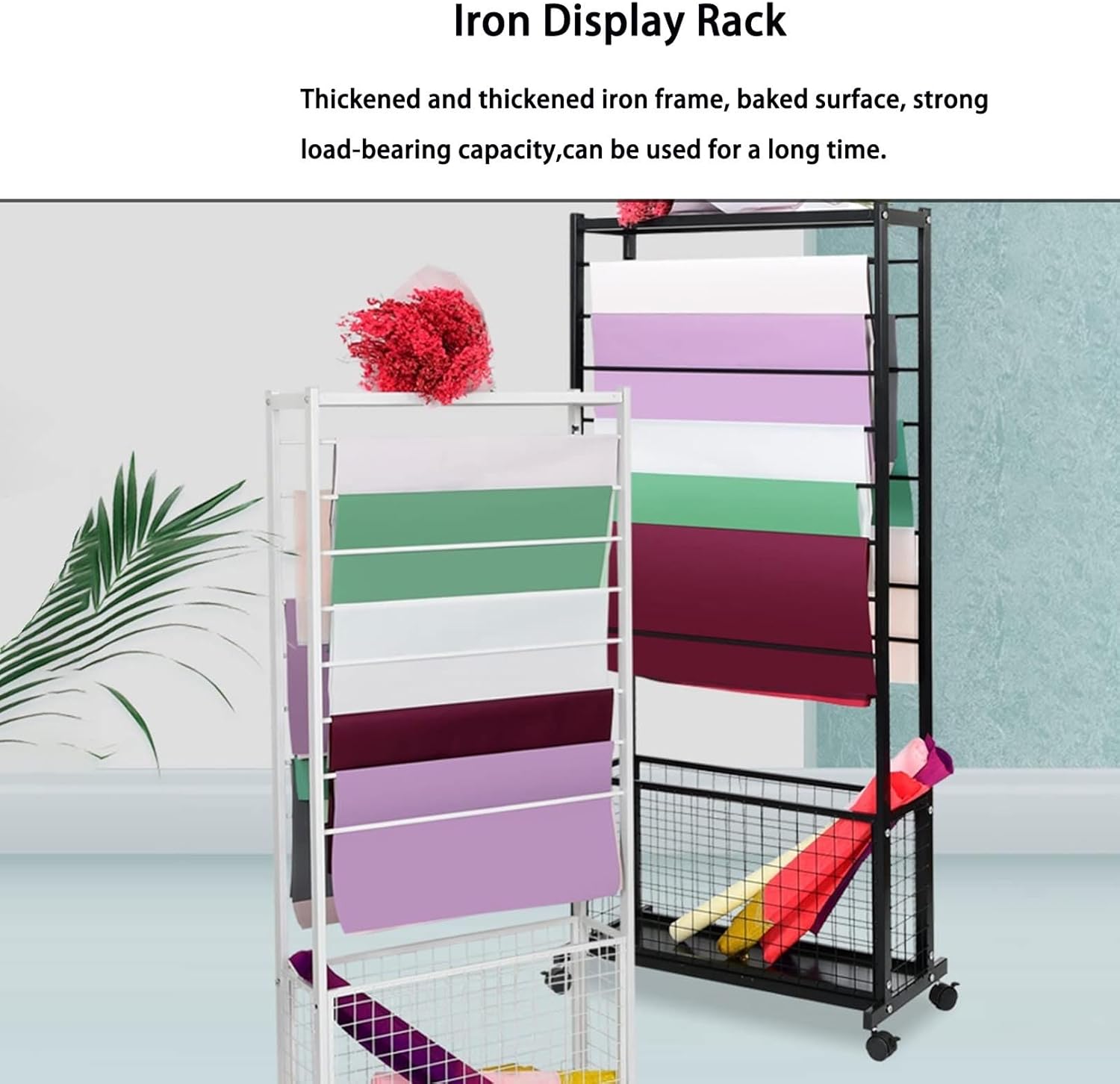 Movable Holder Organizer Rack, Floor-Standing Metal Scarf Display Stand, Detachable Shelf for Storage Tulle Ribbons Rolls Wrapping Paper(C,100x33x150cm)