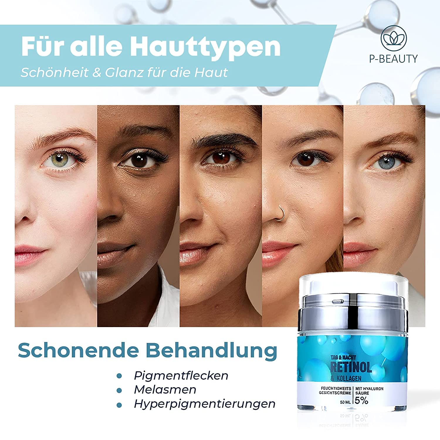 P-Beauty 3 x krem retinolowy, przeciwstarzeniowy z 5% retinolem 2 x 50 ml – krem nawilżający, krem na noc i krem na dzień z kwasem hialuronowym – krem przeciwzmarszczkowy, pielęgnacja twarzy z