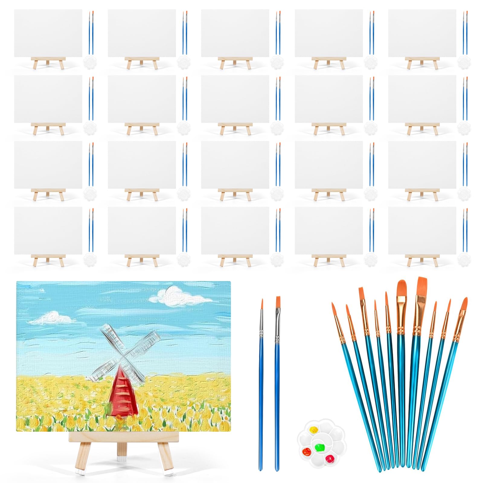 Mini-Leinwände, 12,7 x 17,8 cm, kleine Malleinwand mit Mini-Staffelei, Kunst-Leinwand-Malset mit 10 Pinseln und 5 Farbtabletts für Kinder und Jugendliche, Acryl, Ausgießen, Öl, Wasserfarbe, Geschenk