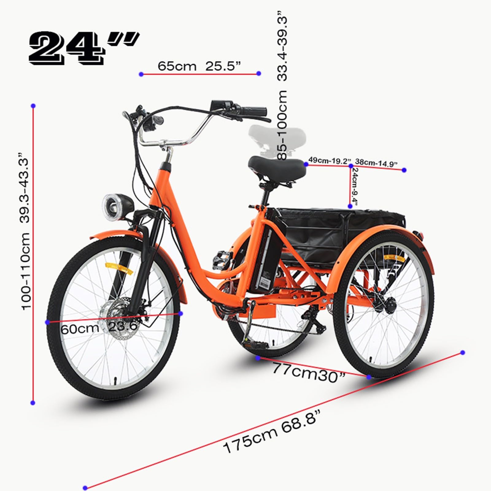 Tricycle électrique motorisé à 3 Roues Mobility pour Adultes et Seniors, 61 x 5 cm, Batterie Amovible 36 V/13 Ah, Panier Avant, Porte-Bagages arrière, Orange