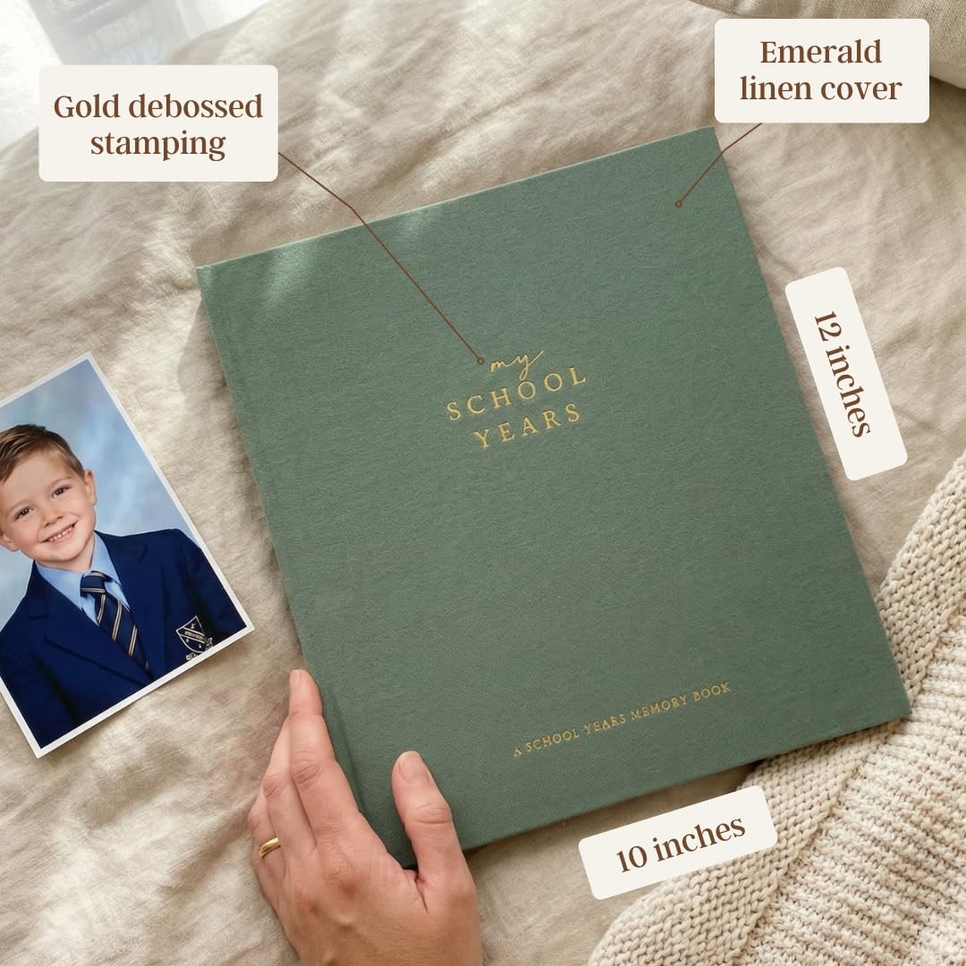 Peachly Erinnerungsbuch für Schuljahre und Schulfotoalbum, Andenken, Smaragd | Schulanfang & letzter Schultag, PreK-12 Organizer und Sammelalbum für Kinder, Schulbilder, Fotos und Erinnerungsstücke