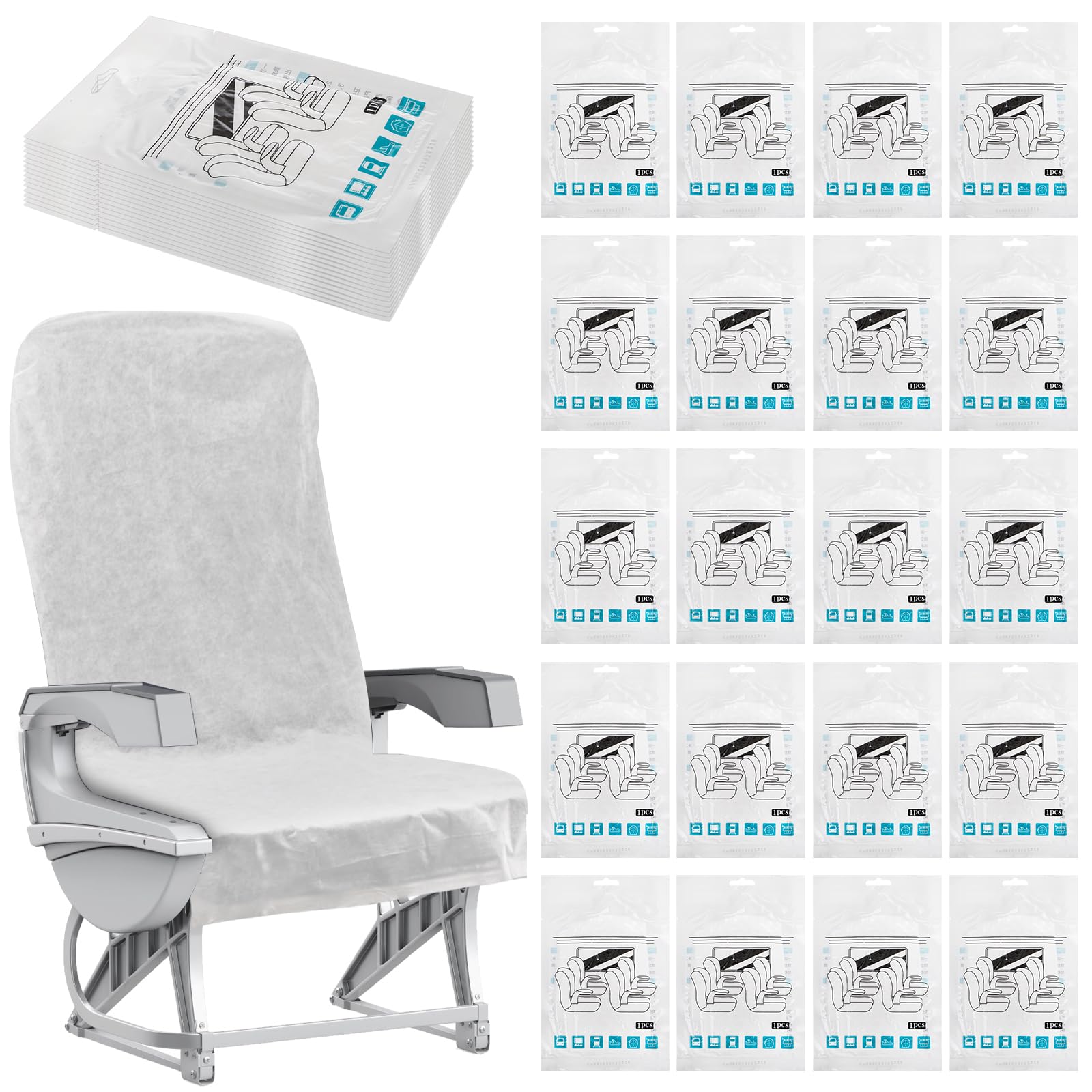 Tebery 20 Pack Disposable Airplane Seat Covers, Portable Non-Woven Car Seat Cover for Travel, Individually Wrapped Public Seat Protector for Train,