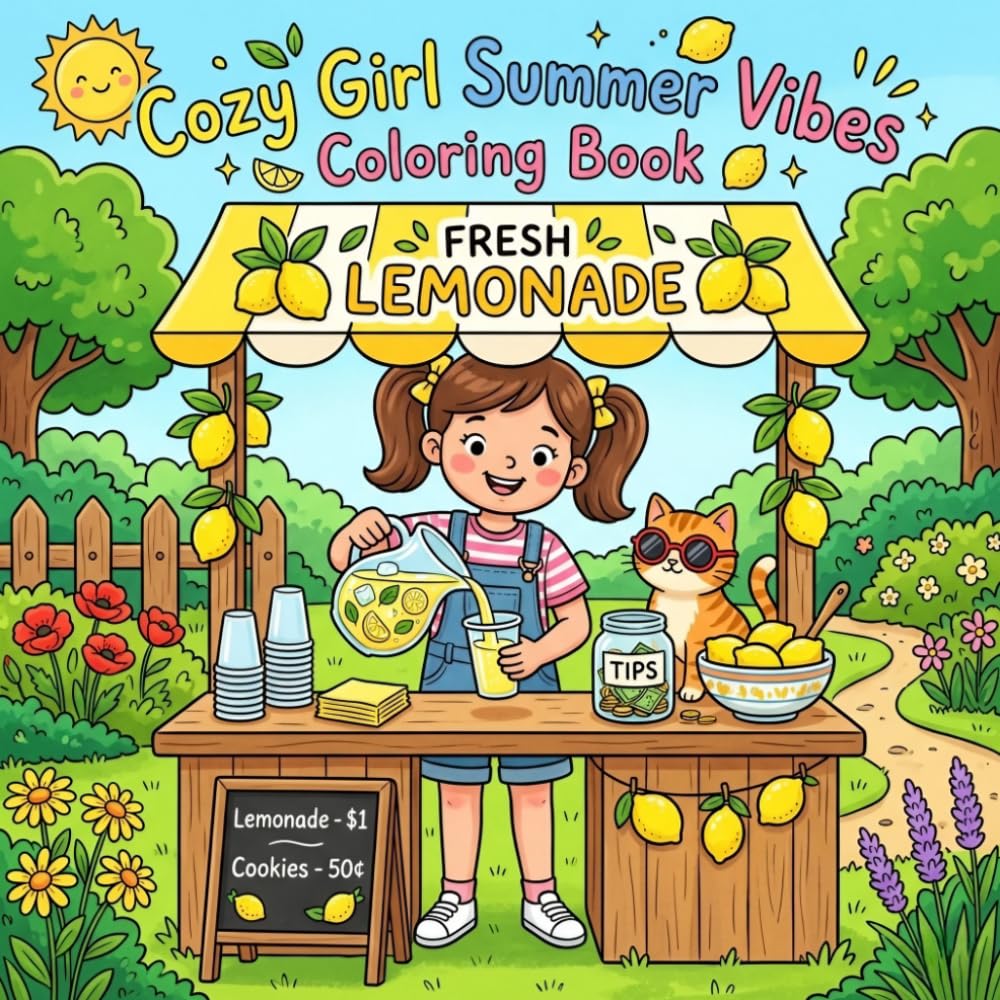 Cozy Girl Summer Vibes Coloring Book: Adorable Girl Summer Adventures With Cute Cats And Dogs For Relaxation And Fun