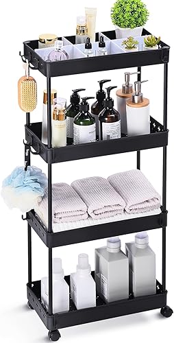TOOLF Carrito utilitario de 4 niveles con ruedas, carrito de almacenamiento rodante con divisor ajustable y ganchos, organizador de carrito para