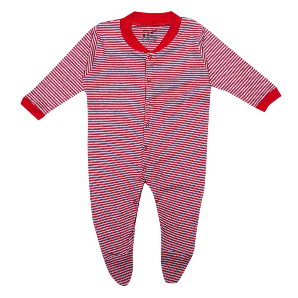 The Magic Wand Stripe Mercerised Footie Sleepsuit with Rib Around Neck & Sleeve Hem for Baby -Red