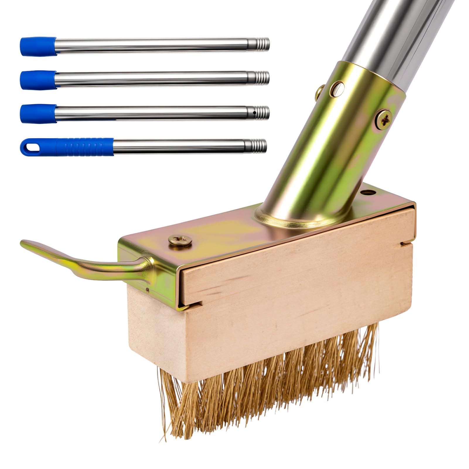 BREEZENEST Long-Handle Weed Remover Tool with V-Shaped Brass Brush & Steel Scraper Heavy Duty Block Paving Patio & Driveway Cleaner Includes 1 Durable Brush Heads & 60IN Detachable Pole