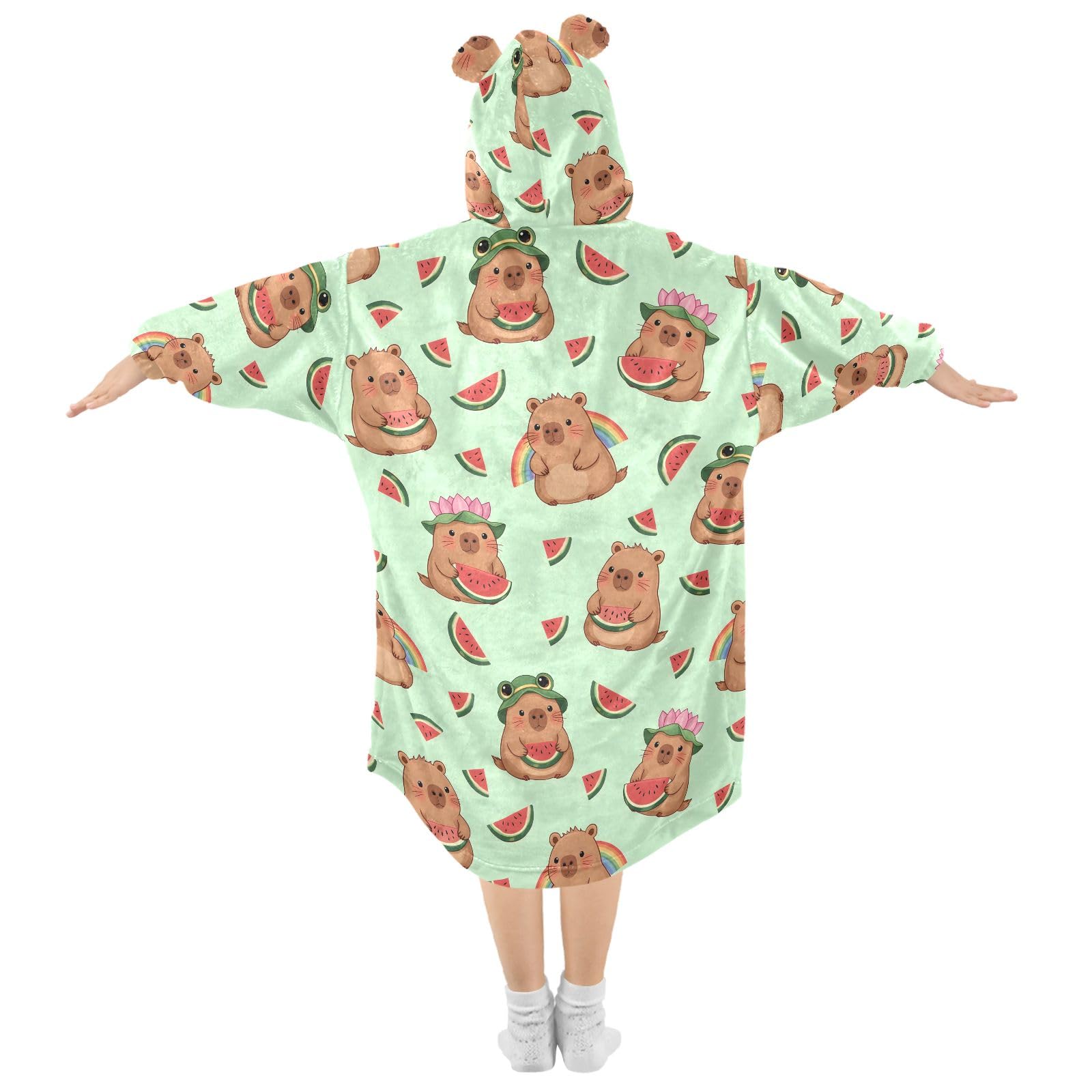 Capybara - Manta con capucha para niños, diseño de sandía, bata de franela suave con orejas y bolsillos, ropa de dormir cálida para niños y niñas