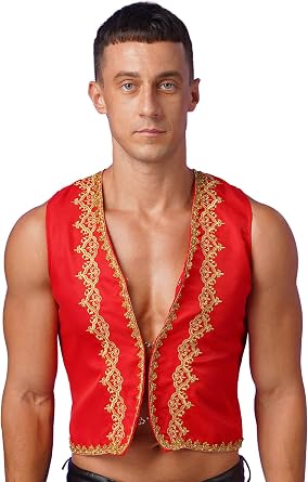 JEYPINMI Mens Arabian Prince Cosplay Costume Embroidery Open Front Vest Waistcoat Halloween Costumes