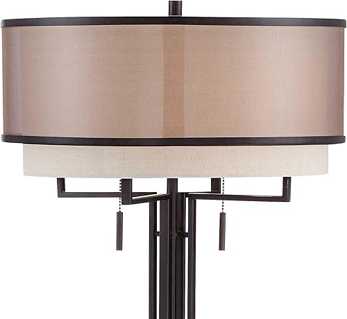 Miniatura 8 de Franklin Iron Works Alamo - Lámpara de pie industrial rústica de 62 pulgadas de alto, color bronce transparente, tela de lino de organza marrón,