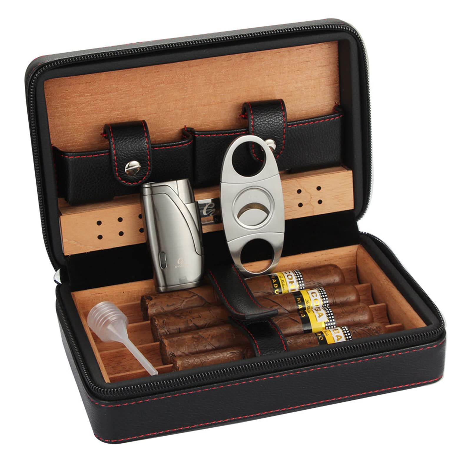 73HA73 Double Jet Flame Butane Cigar Lighter Cigar Cuter with Leather Portable Set Cigar Tool Three-piece Set (NO FUEL),Black