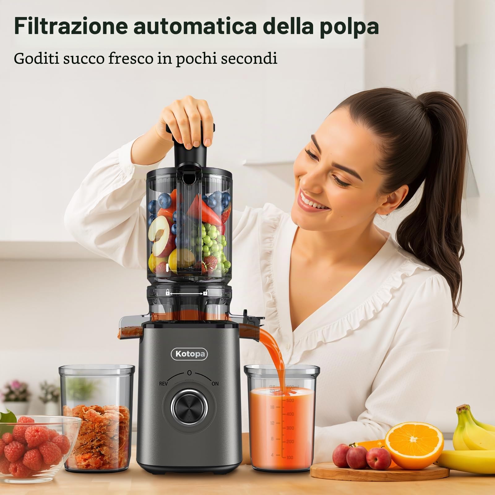 Kotopa Estrattore di Succo Frutta e Verdura, Slow Juicer con Ingresso XL 120 mm, Bicchiere da 600 mL, Juicer Machine Elettrico per Famiglia, Resa di Succo Alta & Pulizia Facile(Grigio)