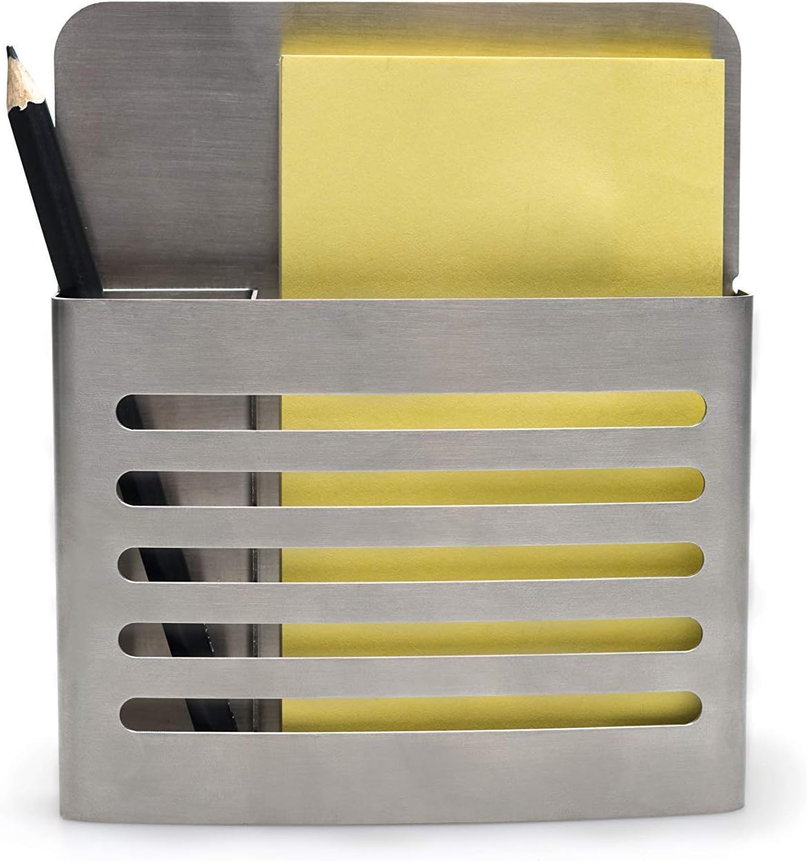 Magnetic Memo Holder and Organizer for Kitchen, Locker, Home or Office. Includes 3" x 5" Sticky Back Notepad and Pencil. (Stainless Steel, Single)