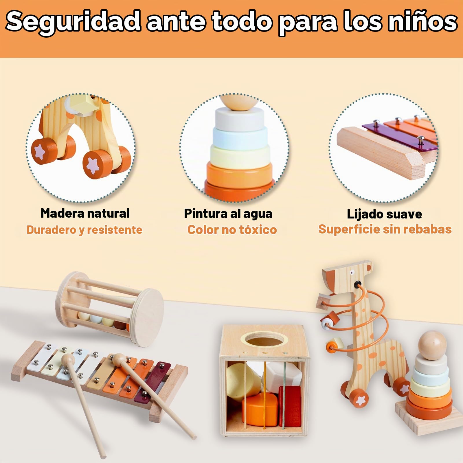 Juguetes Madera 5-en-1 para Bebe, Juguetes Montessori 1 Año con Torre Apilable, Instrumentos Musicales Niños, Motricidad Fina, Juguetes Sensoriales Educativos Montessori, Regalo 1 2 3 Años