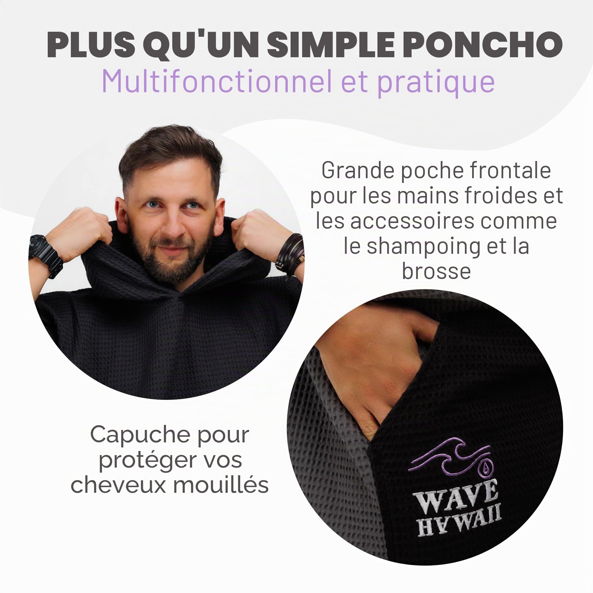 WAVE HAWAII Poncho Surf Travel donna & uomo S-M, 155-185 cm | 100% cotone, poncho da mare assorbente per cambiarsi, spiaggia, surf, sauna & sport acquatici
