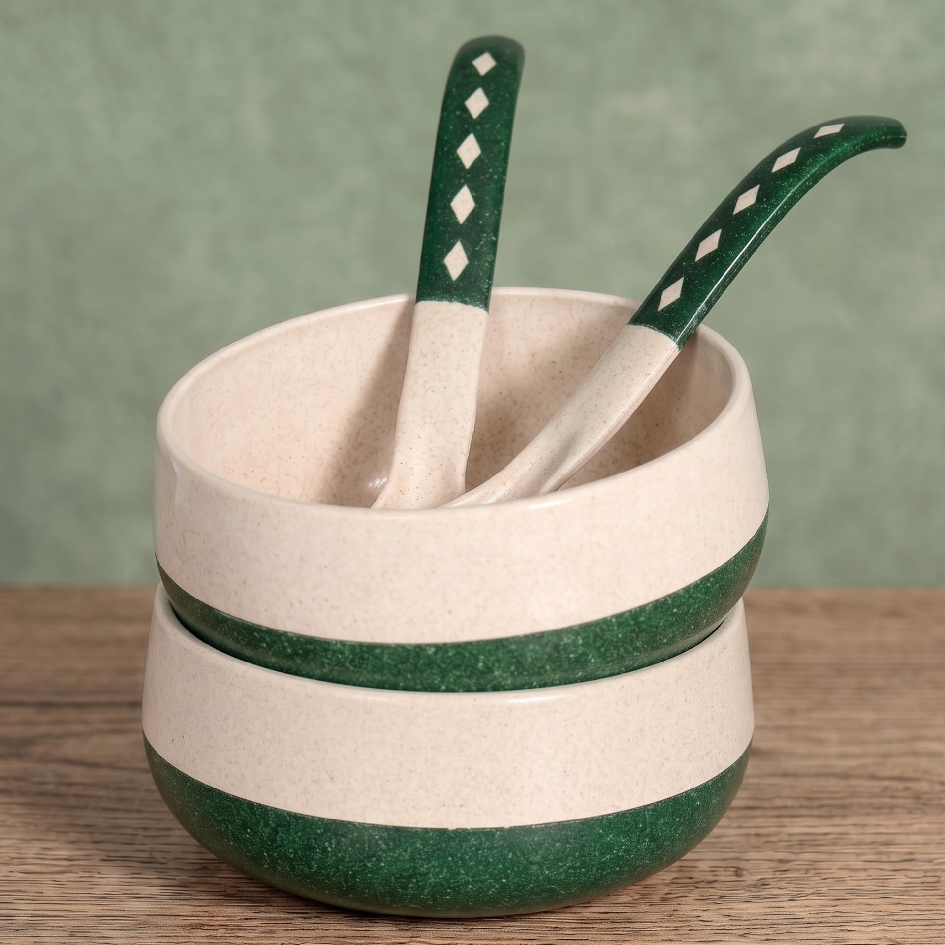 Eha Earth-Friendly Soup Bowls with Spoons | 250 ml | Made with Rice Husk Biocomposite | Microwave Safe Bowl | Serving Bowl Set of 2 | Fern